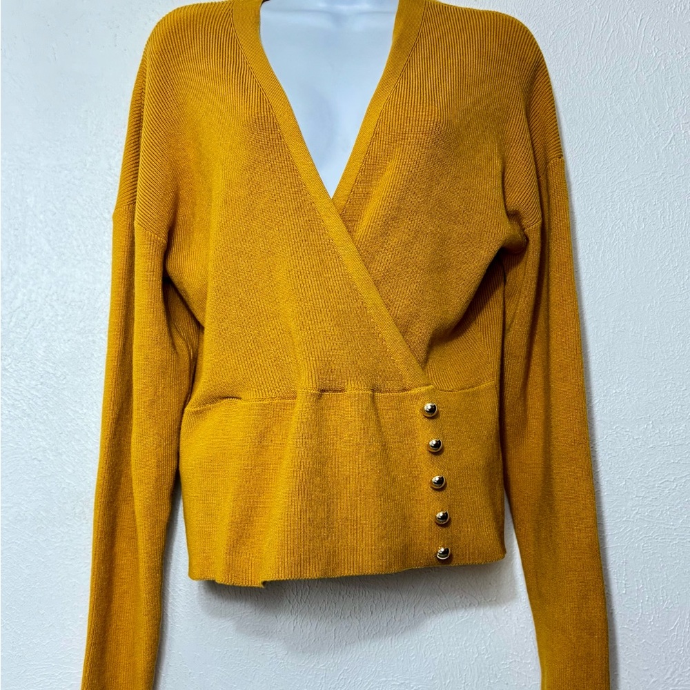 Elegant Mustard V-Neck Sweater with Button Accents